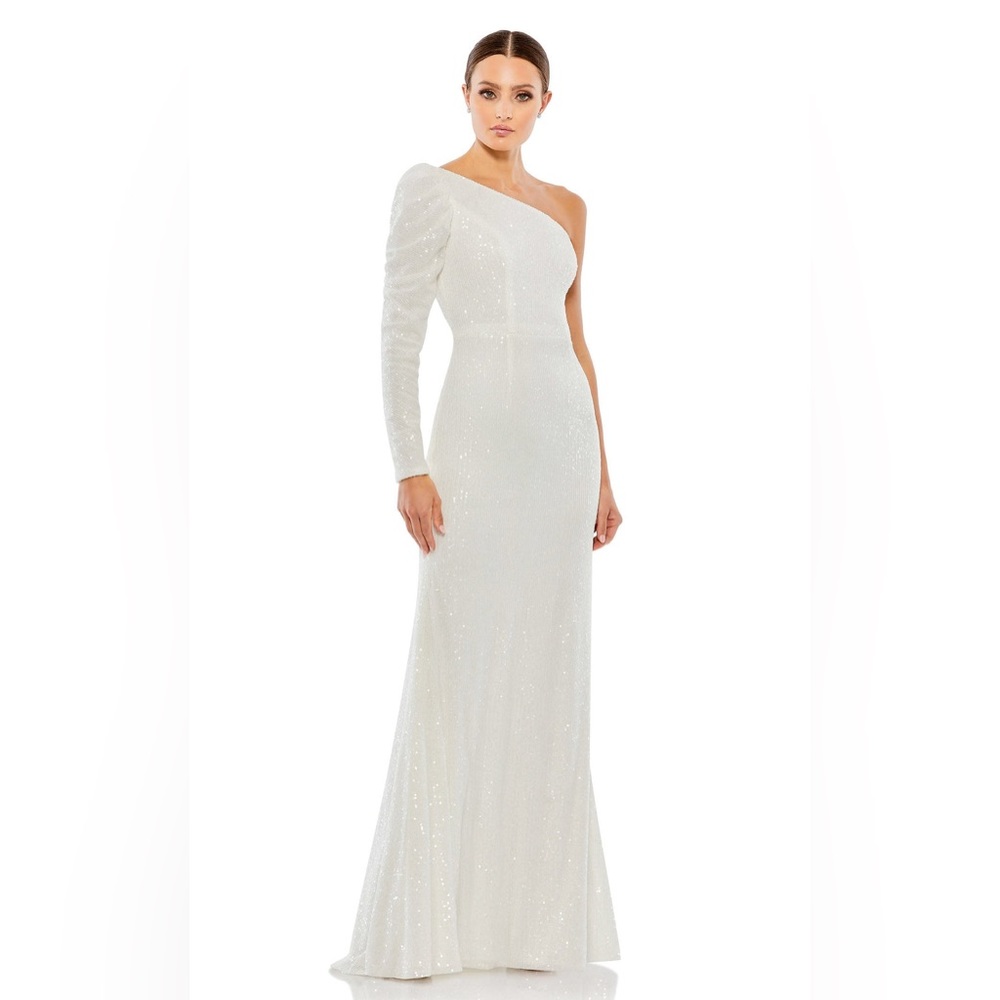 IEENA for MAC DUGGAL Asymmetrical One Side Full Sleeve Sparkly Sequin Dress